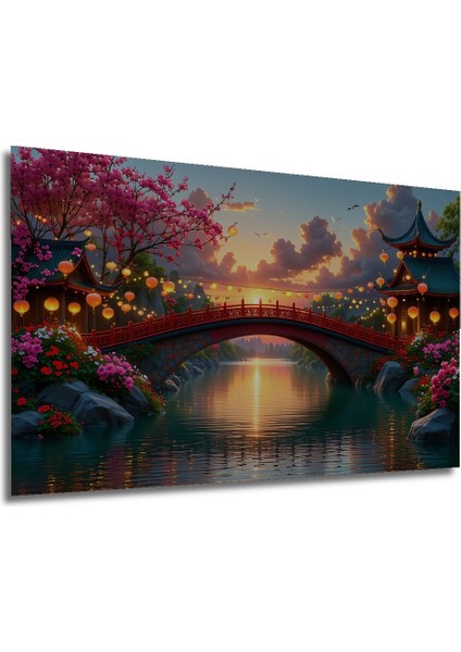 Sakura Bahçesi ve Kızıl Köprü Sulu Boya Görünümlü Dekoratif Ahşap Ev/işyeri/ofis Kare Tablo modelleri