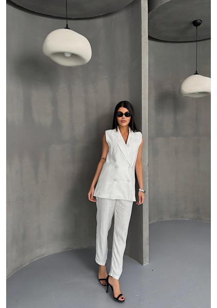 Ezel Glory Jakar Kumaş Yelek - Pantolon Takım - Beyaz modelleri