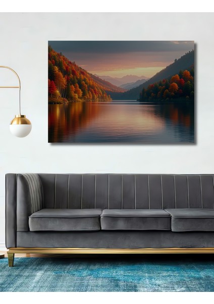 Sonbahar Renkleri Göl Manzarası Yağlı Boya Görünümlü Dekoratif Ahşap Ev/işyeri/ofis Kare Tablo