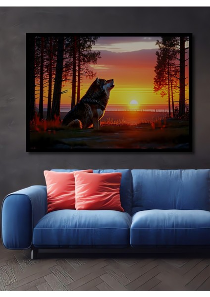 Çerçeve Görünümlü Gün Batımı Uluyan Kurt Yağlı Boya Görünümlü Dekoratif Ahşap Ofis Kare Tablo