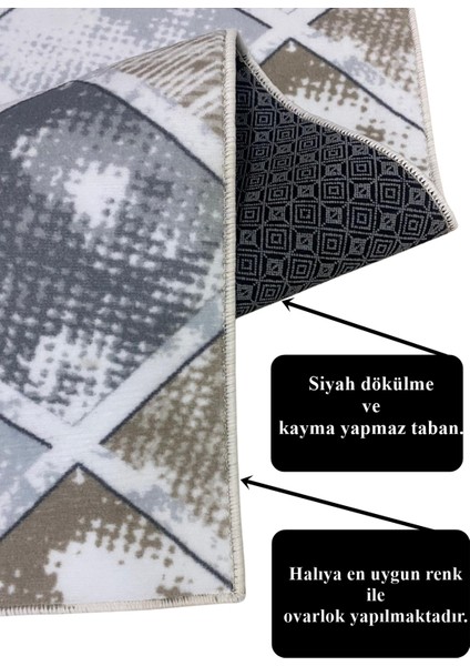 Elit Kahve Mavi Geometrik Desenli Yıkanabilir Kaymaz Taban Kesme Yolluk Halı modelleri