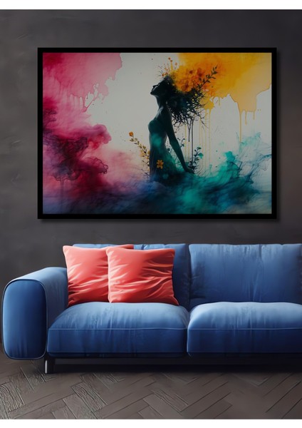 Çerçeve Görünümlü Çiçek Bahçesinde Dans Eden Kadın Sulu Boya Görünümlü Ahşap Ofis Kare Tablo