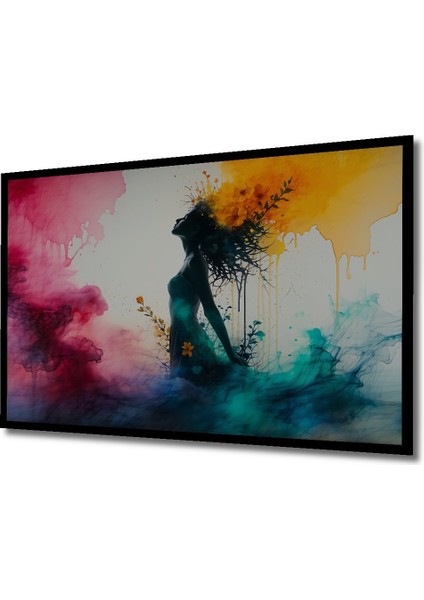 Çerçeve Görünümlü Çiçek Bahçesinde Dans Eden Kadın Sulu Boya Görünümlü Ahşap Ofis Kare Tablo fiyatları