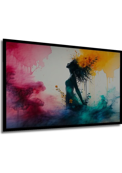Çerçeve Görünümlü Çiçek Bahçesinde Dans Eden Kadın Sulu Boya Görünümlü Ahşap Ofis Kare Tablo modelleri
