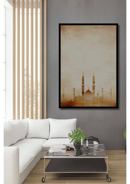 Çerçeve Görünümlü Osmanlı Cami Silüeti Yağlı Boya Görünümlü Dekoratif Ahşap Işyeri/ofis Kare Tablo