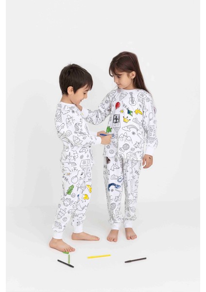 Unısex Çocuk Uzun Kollu Bisiklet Yaka Pijama Takımı-Boyama Kalemli
