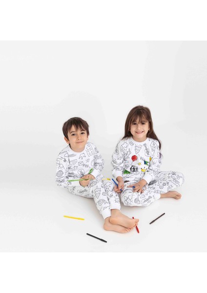 Unısex Çocuk Uzun Kollu Bisiklet Yaka Pijama Takımı-Boyama Kalemli fiyatları