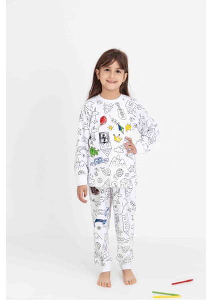 Unısex Çocuk Uzun Kollu Bisiklet Yaka Pijama Takımı-Boyama Kalemli fırsatları