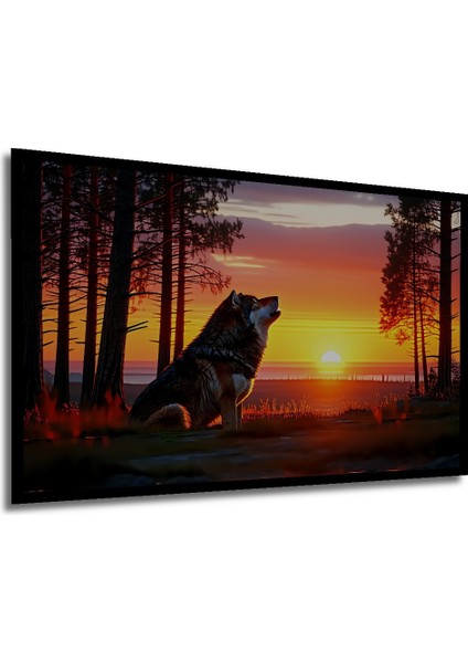 Çerçeve Görünümlü Gün Batımı Uluyan Kurt Yağlı Boya Görünümlü Dekoratif Ahşap Ofis Kare Tablo modelleri