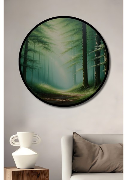 Çerçeve Görünümlü Yeşil Orman Rüyası Yağlı Boya Görünümlü Dekoratif Ahşap Ofis Yuvarlak Tablo