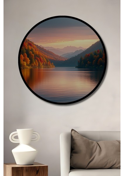 Çerçeve Görünümlü Sonbahar Renkleri Göl Manzarası Yağlı Boya Görünümlü Ahşap Ofis Yuvarlak Tablo