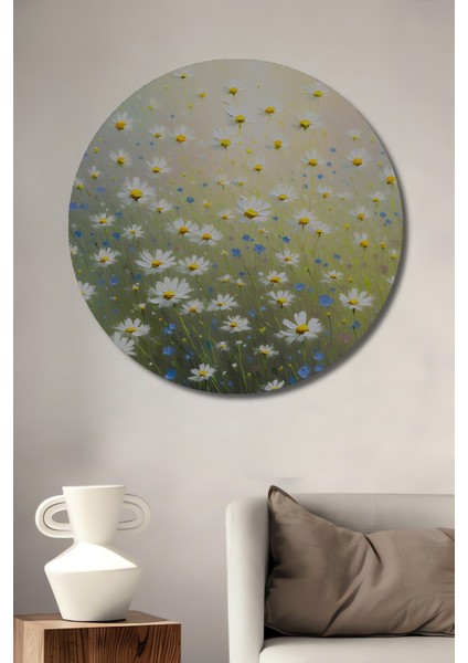 Beyaz Papatyalar Yağlı Boya Görünümlü Modern Sanat Ev/işyeri/ofis Dekoratif Ahşap Yuvarlak Tablo