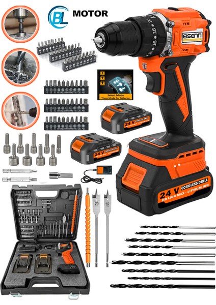 German E-013 Orange Drive Darbeli 21 V 4 Ah Fırçasız Motor Şarjlı Vidalam Matkap + 84 Pcs Set