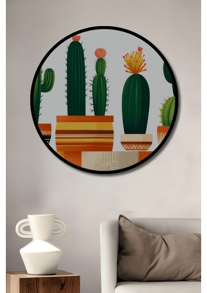 Çerçeve Görünümlü Çiçekli Kaktüsler Yağlı Boya Görünümlü Dekoratif Ahşap Işyeri/ofis Yuvarlak Tablo