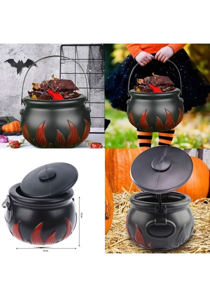 Kapaklı Halloween Cadı Kazanı Şeklinde Plastik Alevli Şeker Toplama Kovası Büyük Boy
