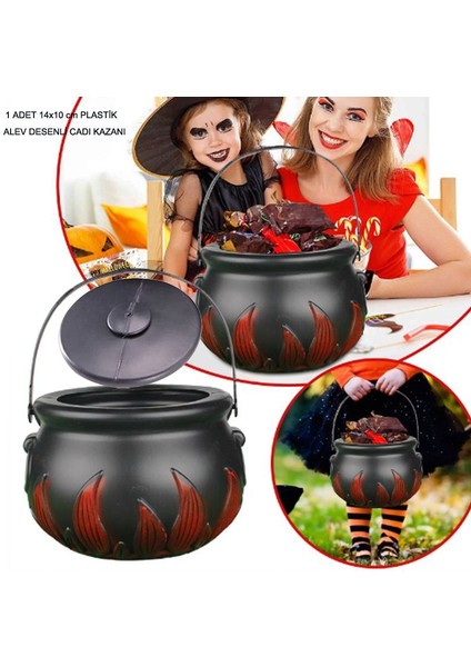 Kapaklı Halloween Cadı Kazanı Şeklinde Plastik Alevli Şeker Toplama Kovası Büyük Boy modelleri
