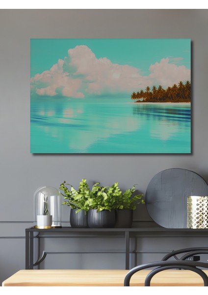 Turkuaz Rüyalar Palmiye Ağaçları Yağlı Boya Görünümlü Dekoratif Ahşap Ev/işyeri/ofis Kare Tablo