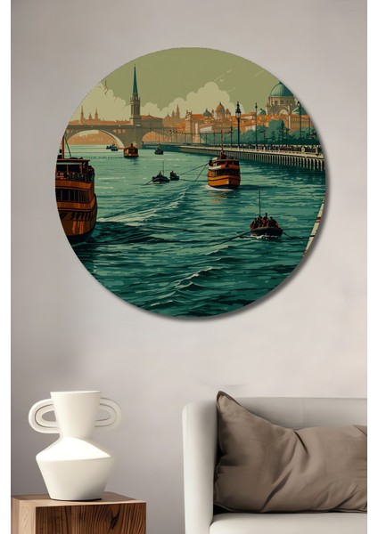 Retro Şehir Manzaralı Nehir Gezisi Dekoratif Ahşap Ev/işyeri/ofis Yuvarlak Tablo