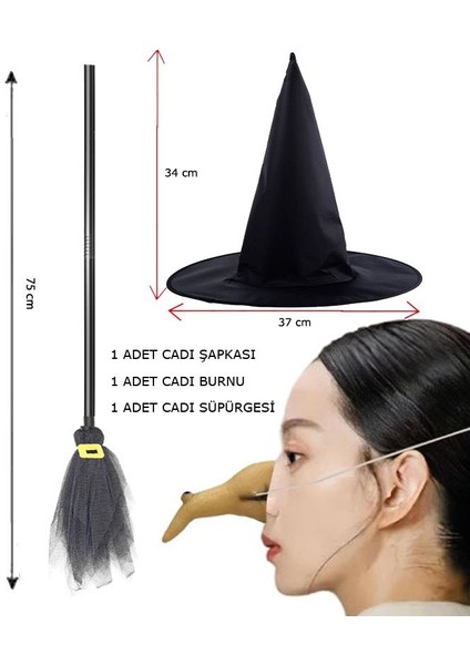 Halloween Cadı Süpürgesi Cadı Şapkası Cadı Burun 3 Lü Set