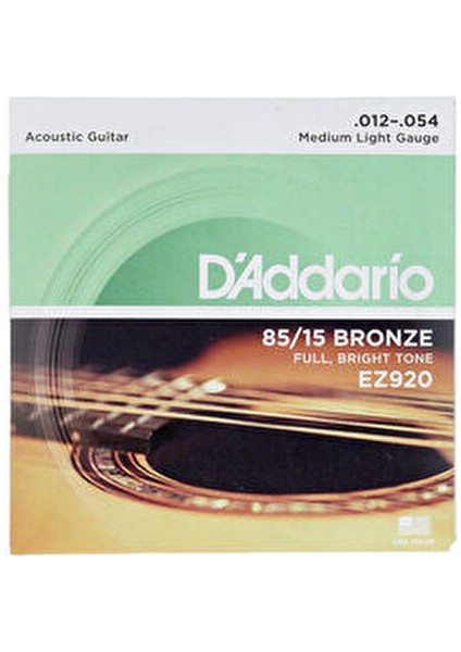 EZ920 Akustik Gitar Tel Seti, 85/15 Bronze, Medıum Lıght D'addario EZ920, 85/15 Bronze - Me