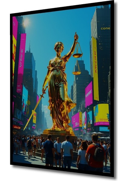 Çerçeve Görünümlü Adalet Tanrıçası Times Meydanı Yağlı Boya Görünümlü Ahşap Ofis Kare Tablo fiyatları