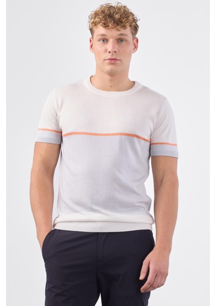 Ekru Bisiklet Yaka Çift Renk Slim Fit Triko Tshirt