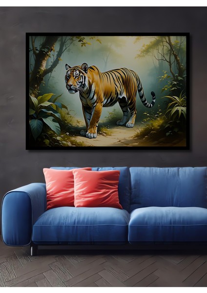Çerçeve Görünümlü Ormanların Kralı Bengal Kaplanı Yağlı Boya Görünümlü Ahşap Ofis Kare Tablo