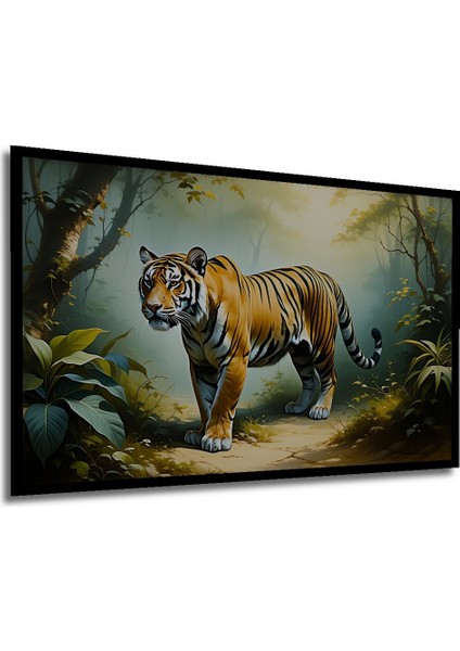 Çerçeve Görünümlü Ormanların Kralı Bengal Kaplanı Yağlı Boya Görünümlü Ahşap Ofis Kare Tablo modelleri