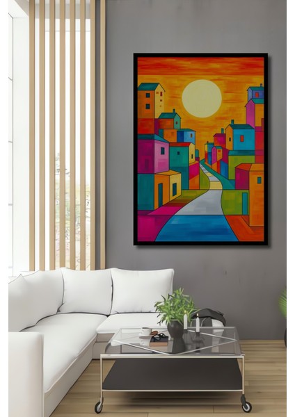 Çerçeve Görünümlü Renkli Evler Modern Sanat Yağlı Boya Görünümlü Dekoratif Ahşap Ofis Kare Tablo