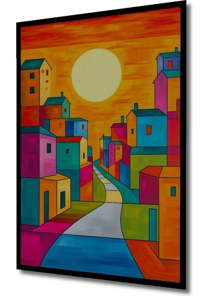 Çerçeve Görünümlü Renkli Evler Modern Sanat Yağlı Boya Görünümlü Dekoratif Ahşap Ofis Kare Tablo fiyatları