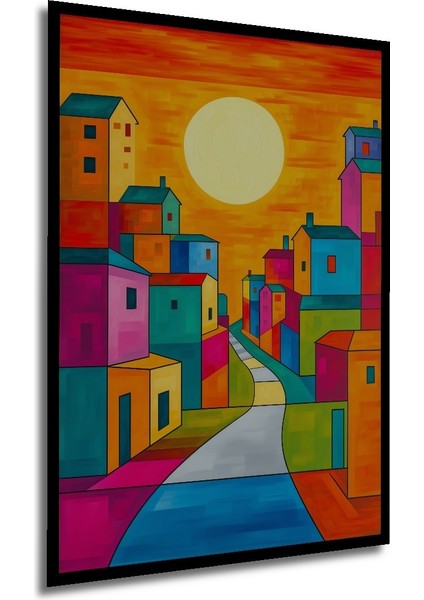 Çerçeve Görünümlü Renkli Evler Modern Sanat Yağlı Boya Görünümlü Dekoratif Ahşap Ofis Kare Tablo modelleri