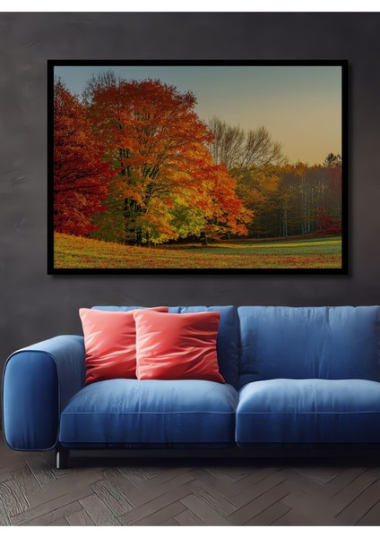 Çerçeve Görünümlü Sonbahar Yaprakları Yağlı Boya Görünümlü Dekoratif Ahşap Işyeri/ofis Kare Tablo