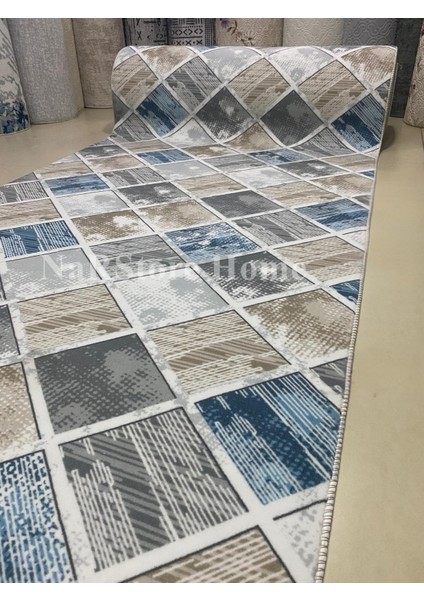 Elit Kahve Mavi Geometrik Desenli Yıkanabilir Kaymaz Taban Kesme Yolluk Halı fiyatları