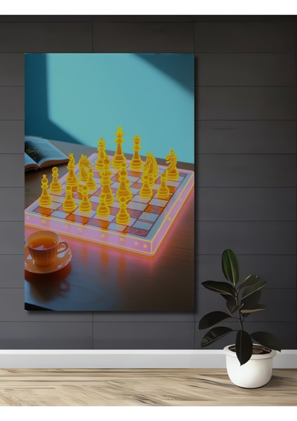 Neon Işıltılı Satranç ve Çay Keyfi Dekoratif Ahşap Ev/işyeri/ofis Kare Tablo