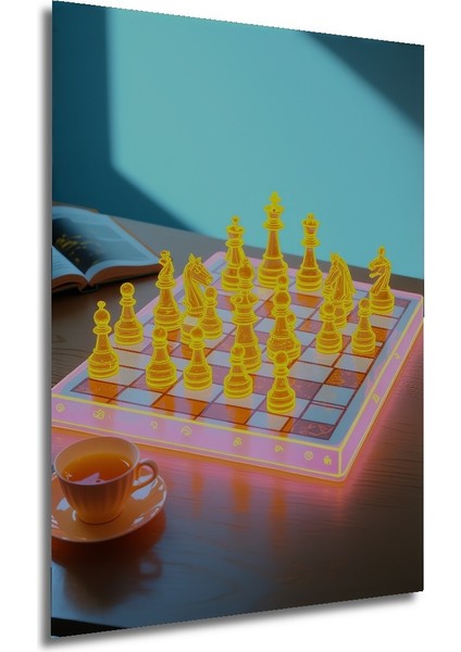 Neon Işıltılı Satranç ve Çay Keyfi Dekoratif Ahşap Ev/işyeri/ofis Kare Tablo modelleri