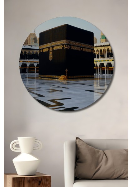 Kabe Mescidi Haram Yağlı Boya Görünümlü Dekoratif Ahşap Ev/işyeri/ofis Yuvarlak Tablo