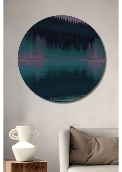 Mistikal Orman Göl Yansımaları Pastel Boya Görünümlü Dekoratif Ahşap Ev/işyeri/ofis Yuvarlak Tablo