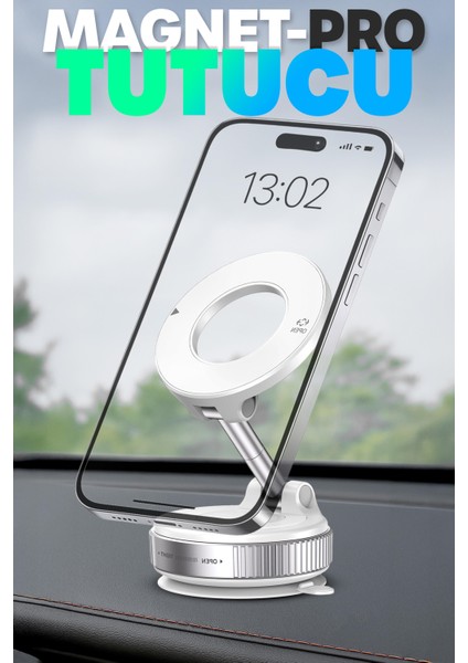 Magnetpro 360° Ayarlanabilir Araç Içi Masa Üstü Vakumlu Mıknatıslı Magsafe Telefon Tutucu Beyaz