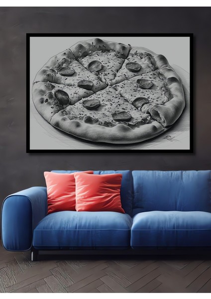 Çerçeve Görünümlü Siyah Beyaz Pizza Kara Kalem Görünümlü Dekoratif Ahşap Ev/işyeri/ofis Kare Tablo