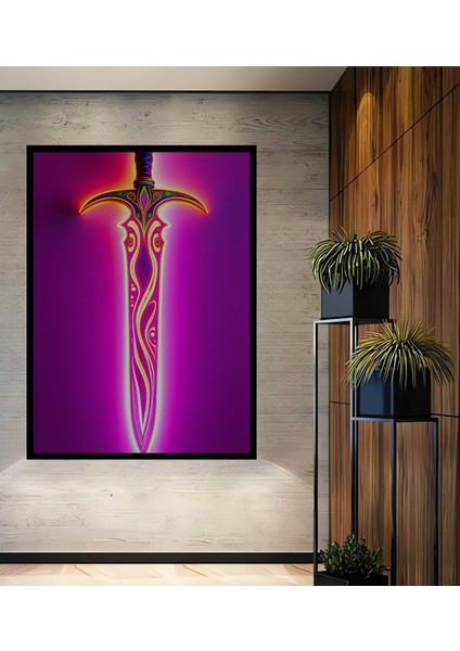 Çerçeve Görünümlü Neon Işıltılı Kılıç Modern Sanat Yağlı Boya Görünümlü Ahşap Ofis Kare Tablo