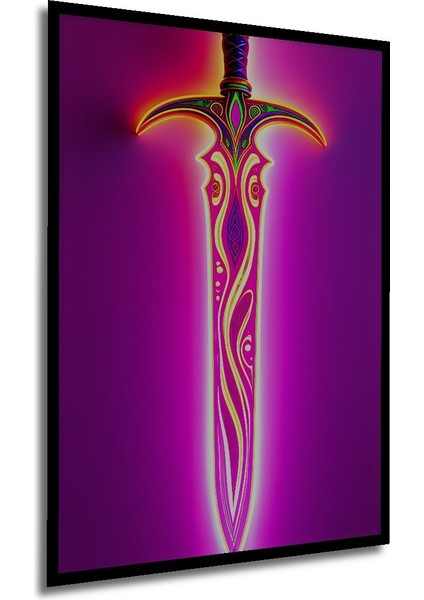 Çerçeve Görünümlü Neon Işıltılı Kılıç Modern Sanat Yağlı Boya Görünümlü Ahşap Ofis Kare Tablo modelleri
