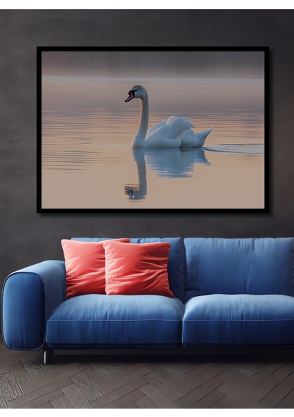 Çerçeve Görünümlü Göl Üzerinde Süzülen Kuğu Pastel Boya Görünümlü Dekoratif Ahşap Ofis Kare Tablo