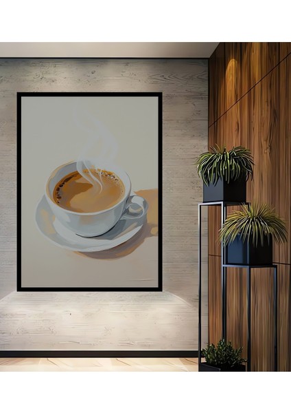Çerçeve Görünümlü Dumanı Tüten Kahve Keyfi Yağlı Boya Görünümlü Dekoratif Ahşap Ofis Kare Tablo