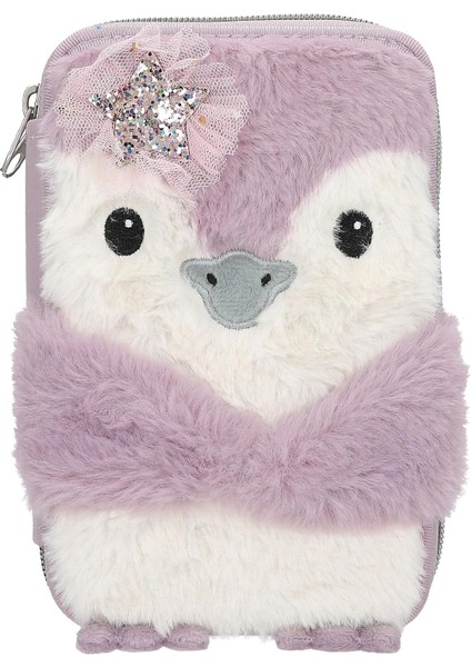 13158 Princess Mimi Penguin - Leylak ve Krem Renginde Doldurulmuş 2 Bölmeli Kalem Kutusu, Penguen Motifli ve Pelüş Kürk, Renkli Kalemler, Cetvel, Makas ve Çok Daha Fazlası Içeren Kalem Kutusu