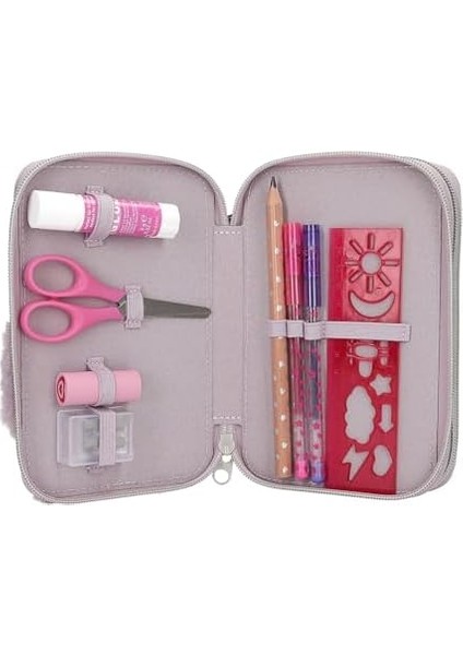 13158 Princess Mimi Penguin - Leylak ve Krem Renginde Doldurulmuş 2 Bölmeli Kalem Kutusu, Penguen Motifli ve Pelüş Kürk, Renkli Kalemler, Cetvel, Makas ve Çok Daha Fazlası Içeren Kalem Kutusu fiyatları