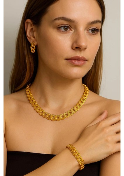 Altın Kaplama Samanyolu Çok Şık Gerdanlık Seti Kolye Küpe ve Bileklik Seti 22 Ayar Altın Kaplama