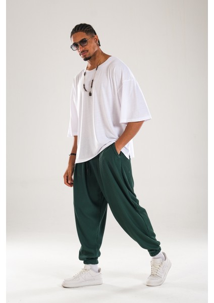 Erkek Yeşil Fitilli Pileli Relax Fit Şalvar Pantolon COC1128