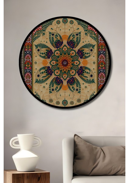 Çerçeve Görünümlü Osmanlı Çiçek Bahçesi Yağlı Boya Görünümlü Dekoratif Ahşap Ofis Yuvarlak Tablo