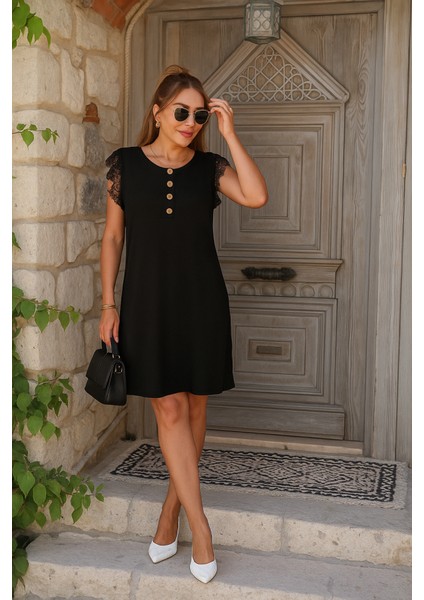 Kadın Kısa Dantel Kollu Önden Düğmeli Viskon Elbise