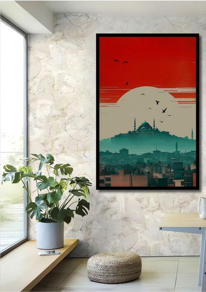 Çerçeve Görünümlü Istanbul Silüeti Kuşlar ve Kızıl Günbatımı Yağlı Boya Görünümlü Mdf Ofis Tablo